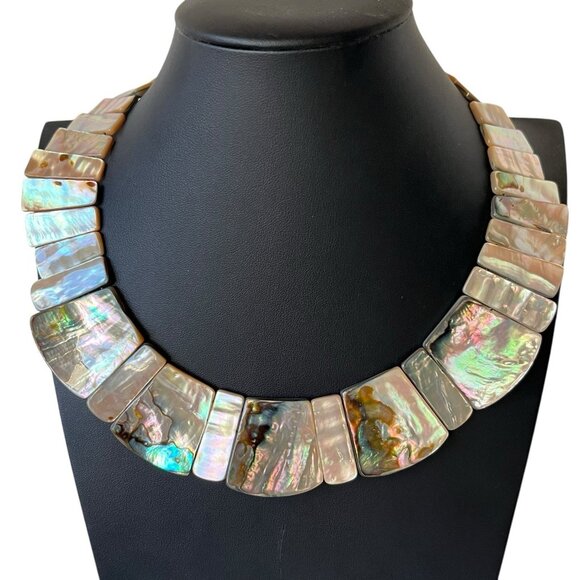 Handmade Mother of Pearl and Abalone Shell Collar Choker Necklace Iridescent - Picture 2 of 13